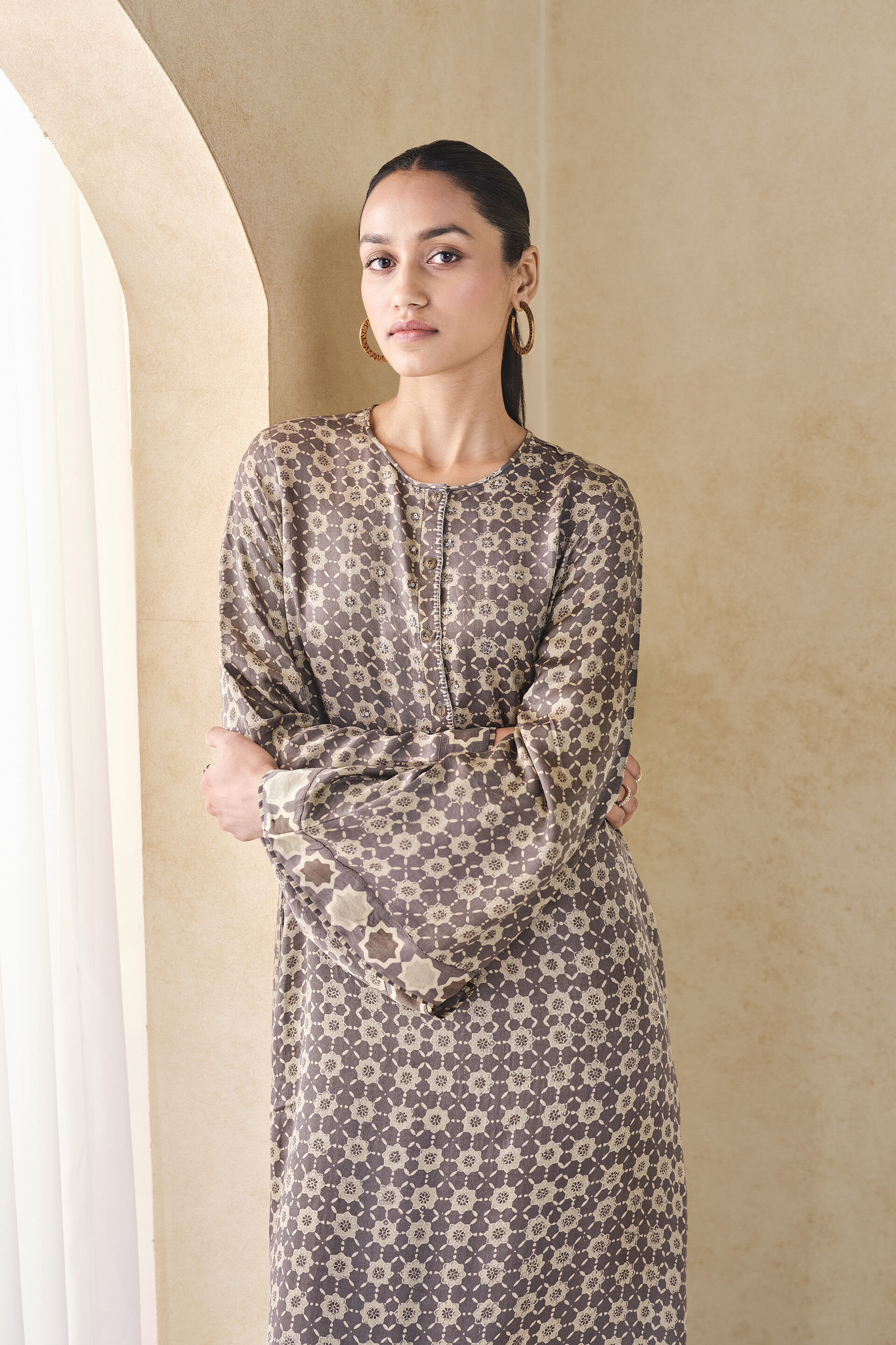 Sargassum Handcrafted Ajrakh Silk Kaftan - Grey, Grey, image 4